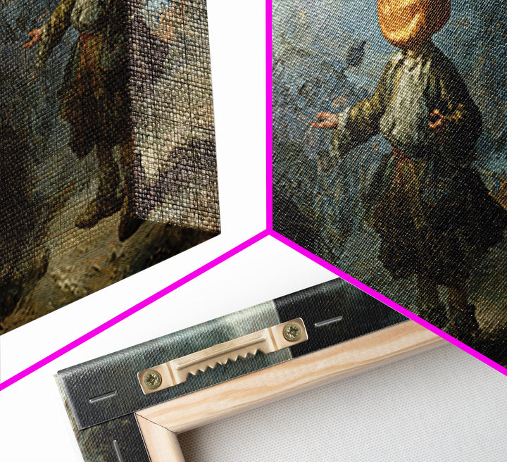 The Pumpkin-Headed Child, Northern Renaissance Horror, Wide Panoramic Art, Dark Fantasy Wall Art, Framed Canvas Print