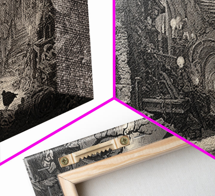 The Red-Eyed Night Hag, Architectural Etching Art, Wide Panoramic Art, Macabre Wall Art, Canvas Print, Halloween Wall Art