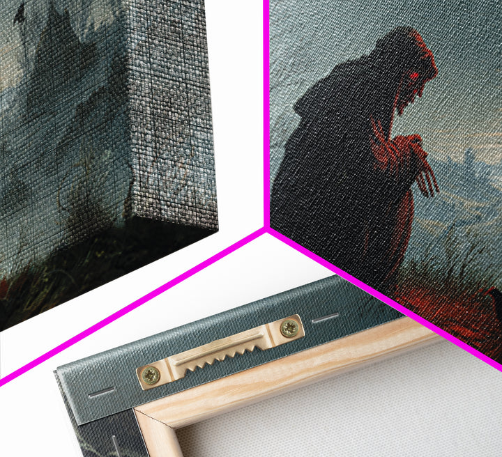 The Red-Eyed Night Hag, Romantic Gothic Landscape, Wide Panoramic Art, Dark Halloween Decor, Canvas Print, Halloween Wall Art