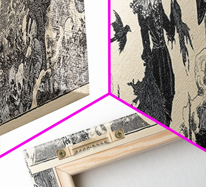 The Phantom Jester, Decadent Line Art, Extra Wide Wall Art, Gothic Horror Wall Art, Framed Canvas Print, Halloween Wall Art