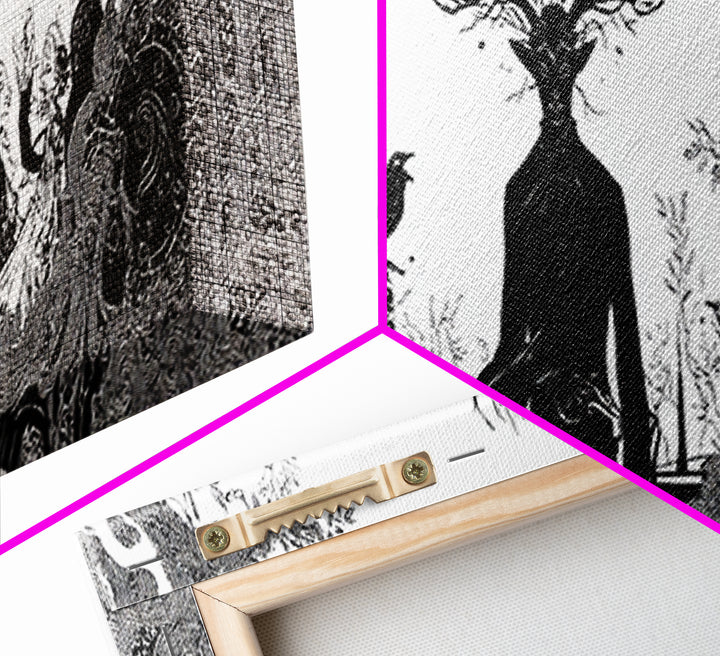 The Antlered Forest Spirit, Decadent Line Art, Extra Wide Wall Art, Dark Fantasy Wall Art, Canvas Print, Halloween Wall Art