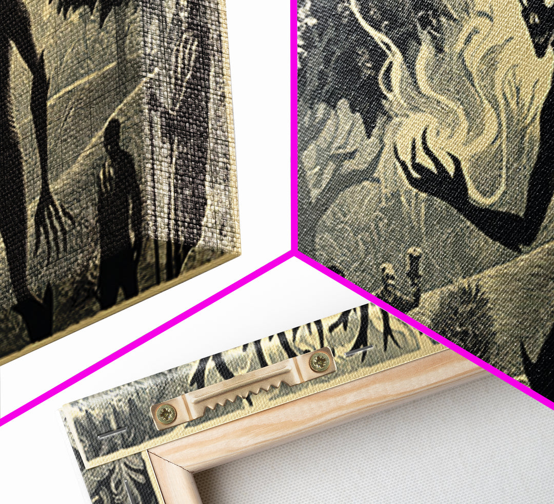 The Antlered Forest Spirit, Macabre Folk Print Art, Wide Panoramic Art, Dark Fantasy Wall Art, Canvas Print, Halloween Wall Art