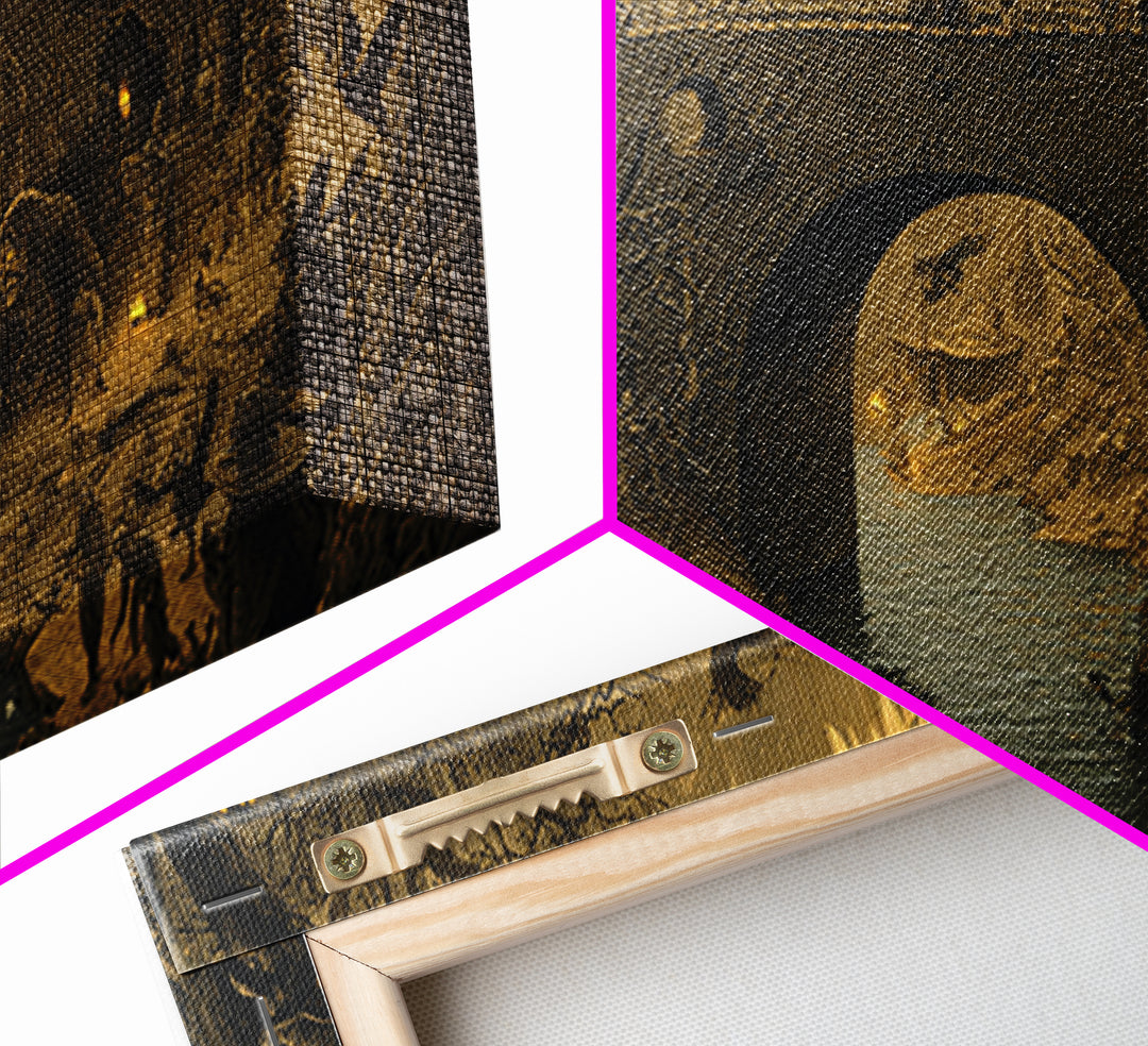 The Bridge Troll At Midnight, Northern Renaissance Horror, Wide Panoramic Art, Gothic Horror Wall Art, Framed Canvas Print