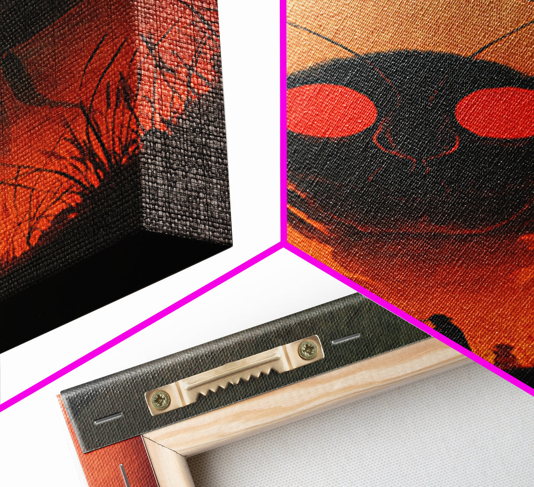 The Red-Eyed Moth Creature, Symbolist Etching Art, Vertical Wall Art, Dark Halloween Decor, Framed Canvas Print, Halloween Wall Art