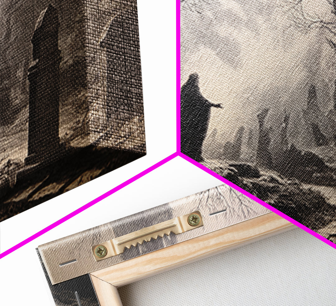 The Moonlit Cemetery, Gothic Engraving Art, Landscape Wall Art, Gothic Horror Wall Art, Canvas Print, Halloween Wall Art