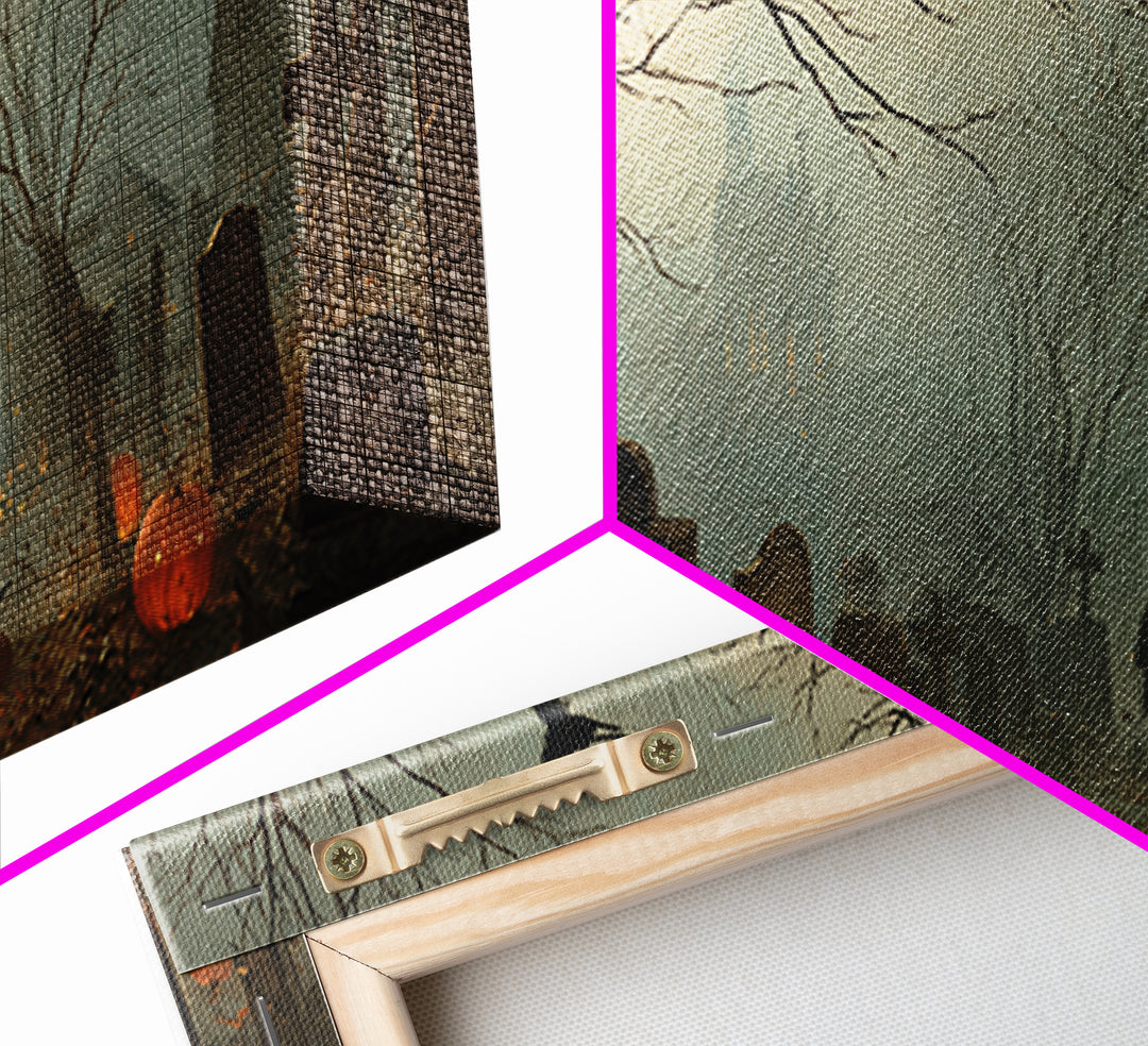 The Moonlit Cemetery, Northern Renaissance Horror, Wide Panoramic Art, Gothic Horror Wall Art, Framed Canvas Print