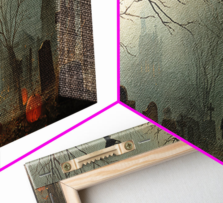 The Moonlit Cemetery, Northern Renaissance Horror, Wide Panoramic Art, Gothic Horror Wall Art, Framed Canvas Print