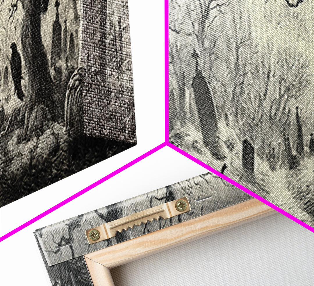 The Moonlit Cemetery, Renaissance Engraving Art, Extra Wide Wall Art, Macabre Wall Art, Canvas Print, Halloween Wall Art, Dark Fantasy Art