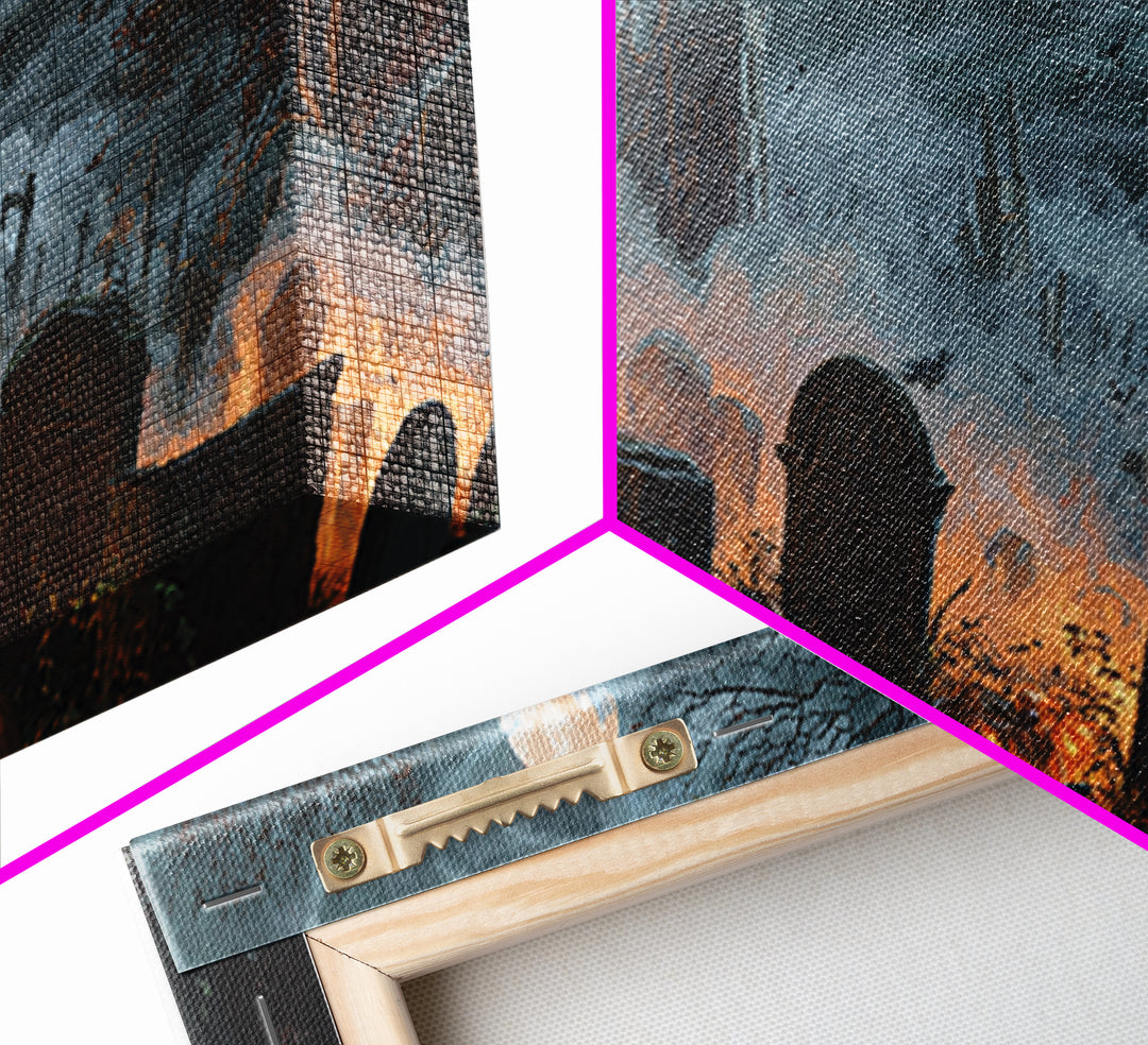 The Moonlit Cemetery, Apocalyptic Romantic Art, Wide Panoramic Art, Macabre Wall Art, Framed Canvas Print, Halloween Wall Art