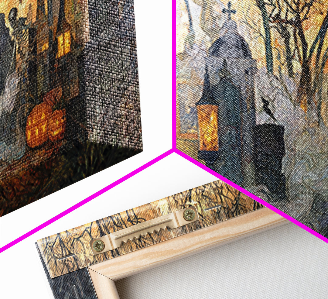 The Moonlit Cemetery, Grotesque Carnival Art, Wide Panoramic Art, Gothic Horror Wall Art, Framed Canvas Print, Halloween Wall Art
