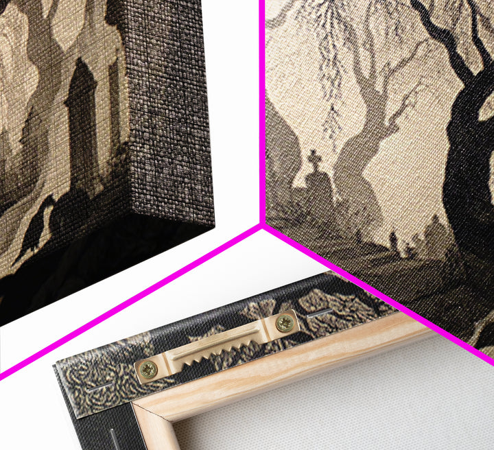 The Moonlit Cemetery, Decadent Line Art, Landscape Wall Art, Dark Fantasy Wall Art, Framed Canvas Print, Halloween Wall Art