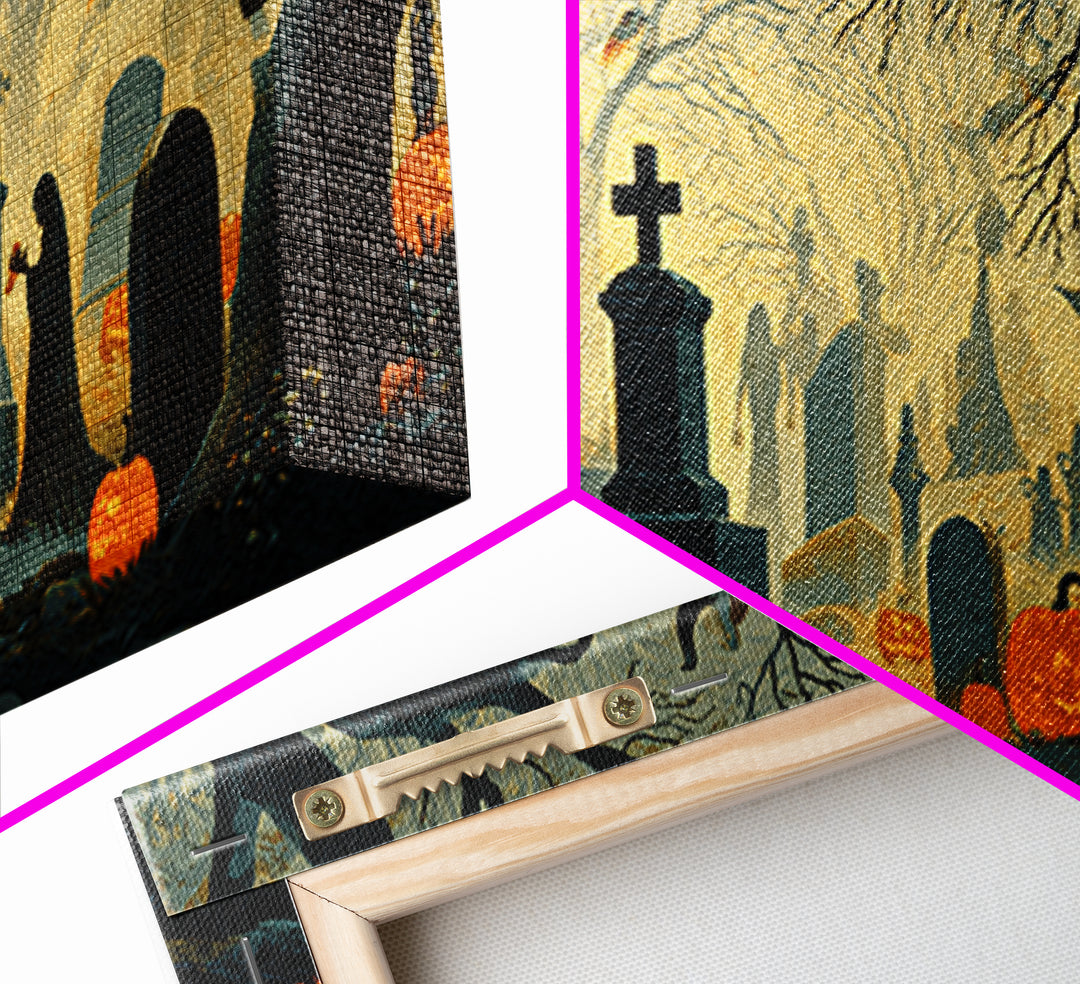 The Moonlit Cemetery, Macabre Folk Print Art, Wide Panoramic Art, Dark Fantasy Wall Art, Canvas Print, Halloween Wall Art