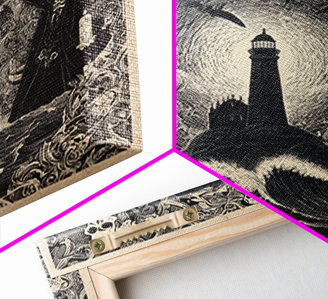 The Cursed Lighthouse, Macabre Folk Print Art, Square Wall Art, Gothic Horror Wall Art, Framed Canvas Print, Halloween Wall Art