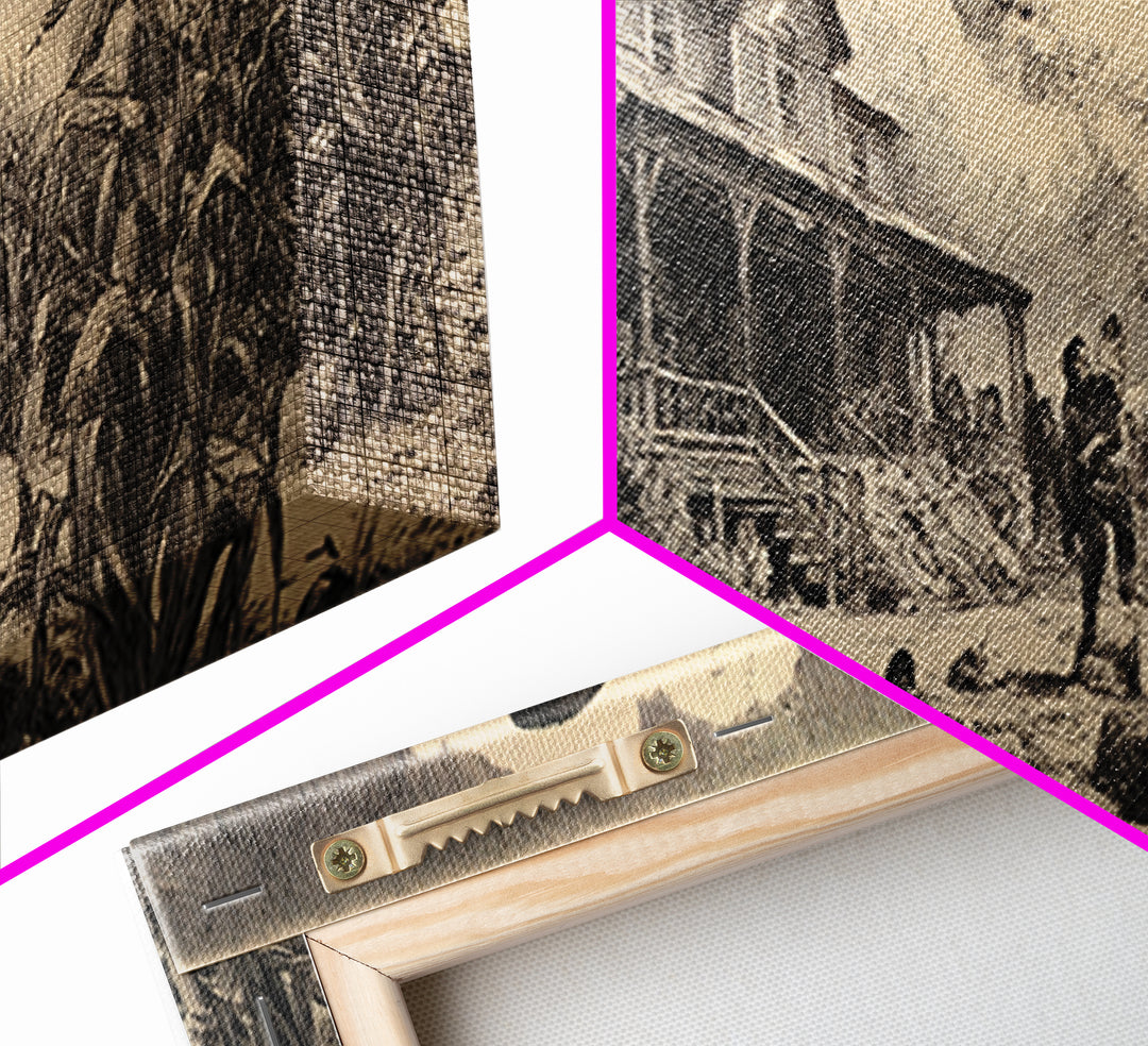 The Possessed Farmhouse, Renaissance Engraving Art, Extra Wide Wall Art, Dark Halloween Decor, Framed Canvas Print, Halloween Wall Art