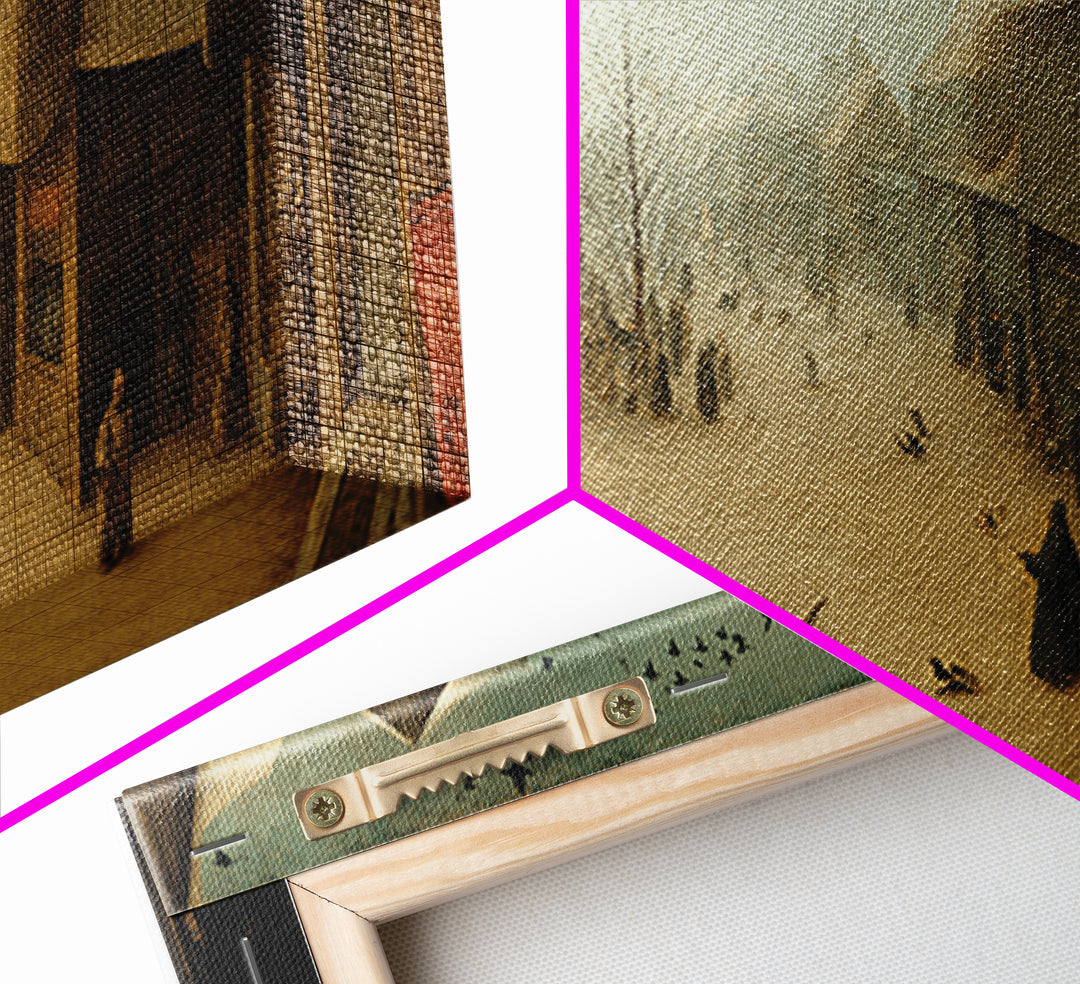 The Ghost Town Main Street, Northern Renaissance Horror, Wide Panoramic Art, Dark Halloween Decor, Framed Canvas Print