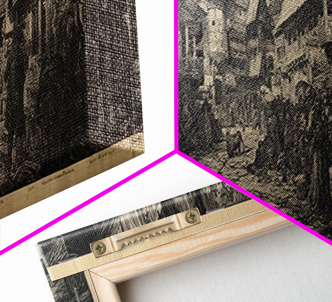 The Ghost Town Main Street, Renaissance Engraving Art, Extra Wide Wall Art, Dark Halloween Decor, Framed Canvas Print, Halloween Wall Art