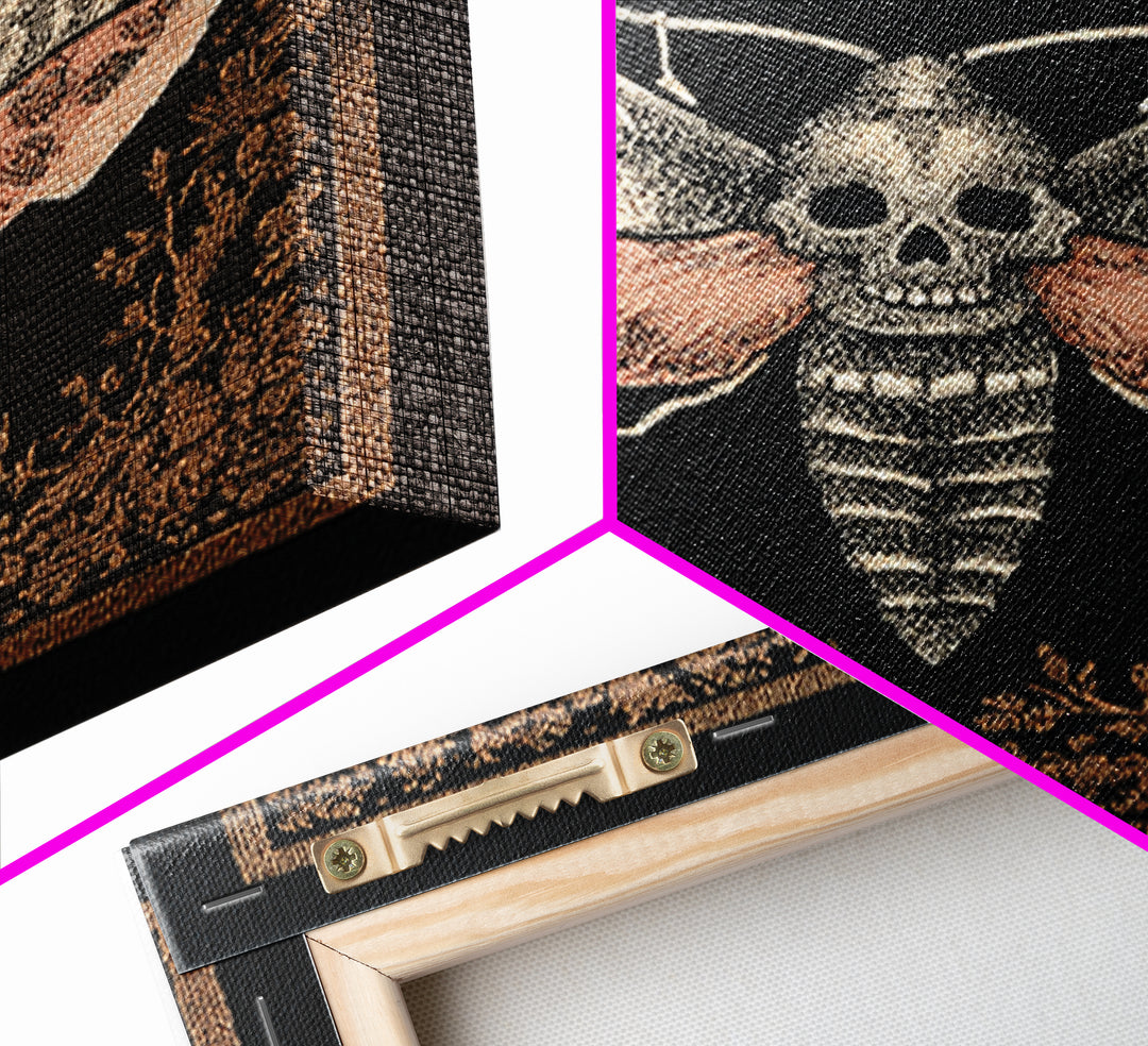 Moth with Skull Pattern on Black Ground Framed Canvas Print, Dark Art, Unique Wall Decor, Living Room Decor, Fine Art, Nocturne, DAR-1x1-39
