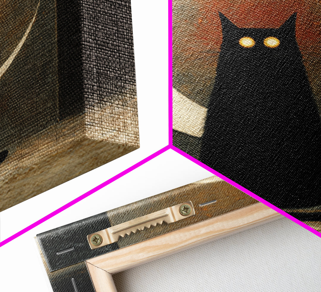 Black Cat with Glowing Eyes under Crescent Canvas Print, Dark Art, Statement Artwork, Living Room Decor, Fine Art, Nocturne, DAR-1x1-9