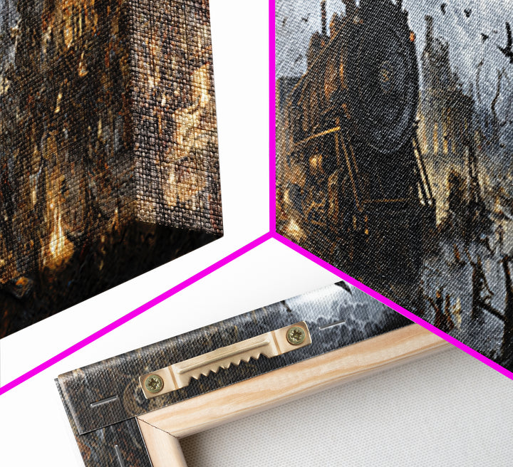 The Abandoned Train Station, Medieval Grotesque Art, Extra Wide Wall Art, Dark Halloween Decor, Canvas Print, Halloween Wall Art