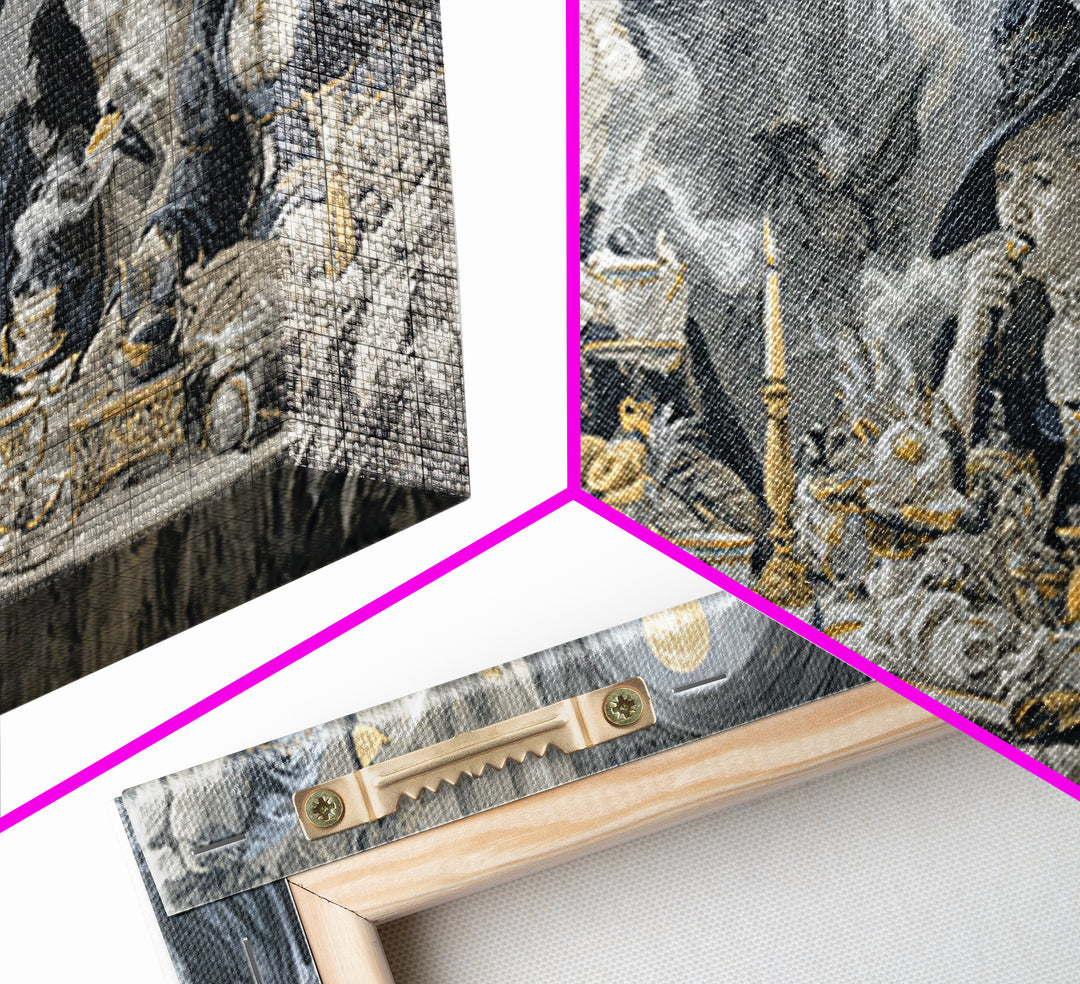 The Witches' Tea Party, Architectural Etching Art, Wide Panoramic Art, Dark Halloween Decor, Canvas Print, Halloween Wall Art