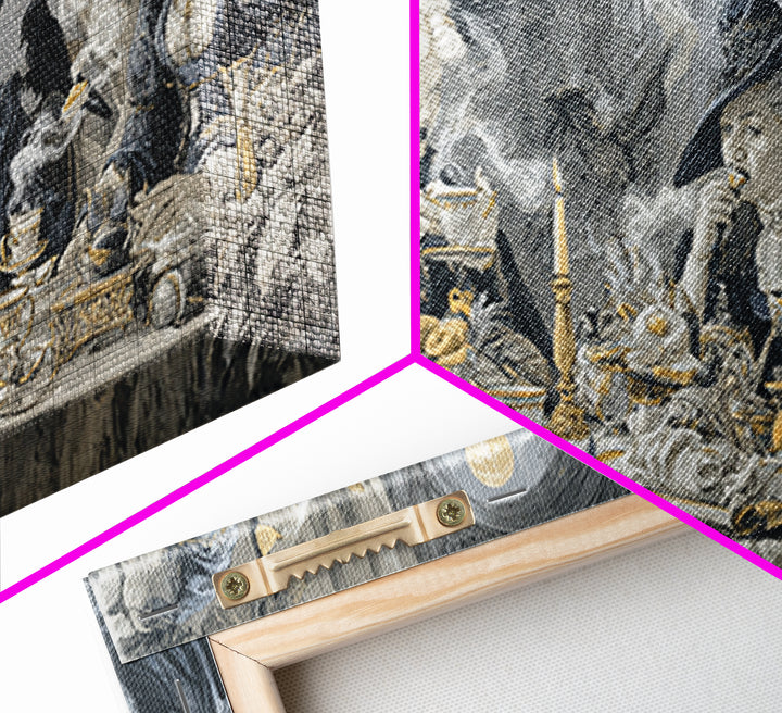 The Witches' Tea Party, Architectural Etching Art, Wide Panoramic Art, Dark Halloween Decor, Canvas Print, Halloween Wall Art