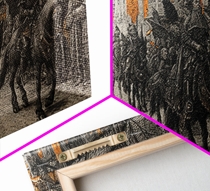 The Monster Parade, Renaissance Engraving Art, Wide Panoramic Art, Dark Fantasy Wall Art, Framed Canvas Print, Halloween Wall Art