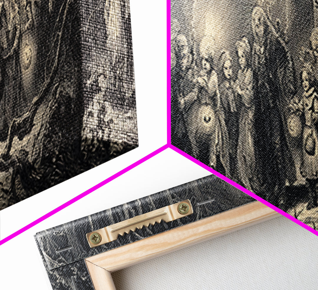 The Trick-Or-Treat Procession, Gothic Engraving Art, Extra Wide Wall Art, Dark Fantasy Wall Art, Framed Canvas Print, Spooky Wall Decor