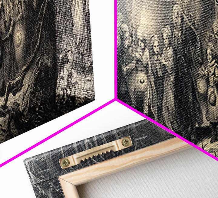 The Trick-Or-Treat Procession, Gothic Engraving Art, Extra Wide Wall Art, Dark Fantasy Wall Art, Framed Canvas Print, Spooky Wall Decor