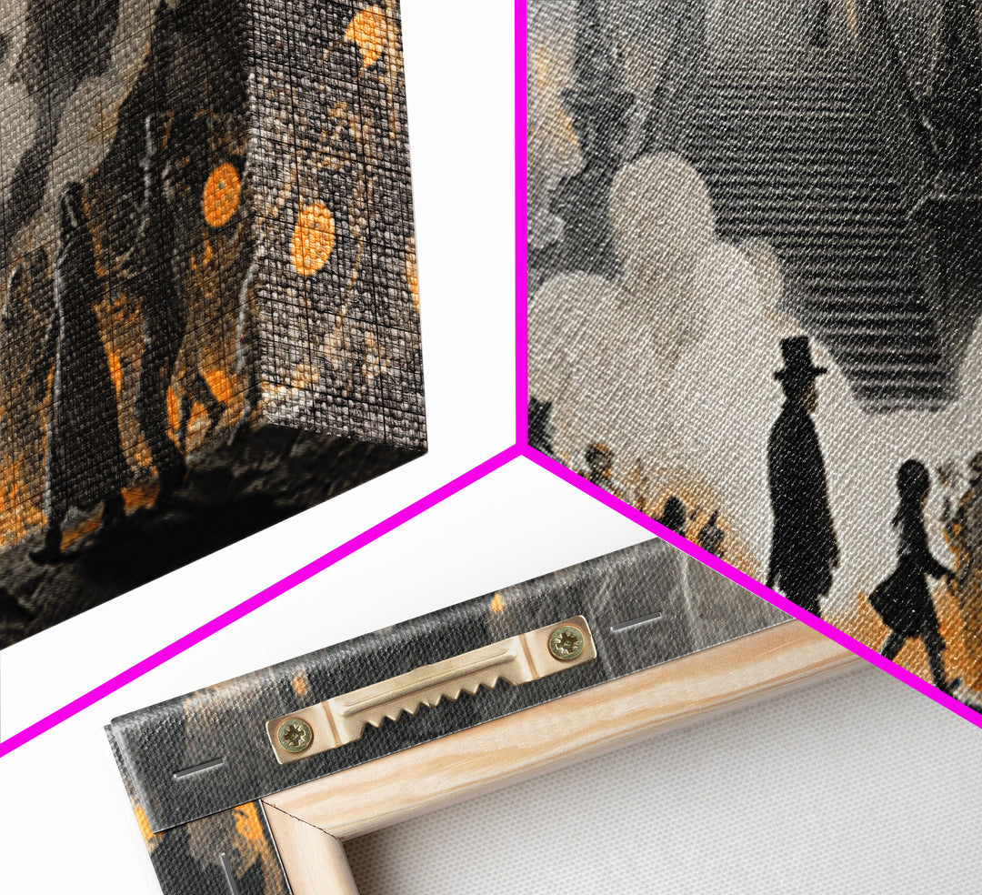 The Trick-Or-Treat Procession, Architectural Etching Art, Wide Panoramic Art, Macabre Wall Art, Framed Canvas Print