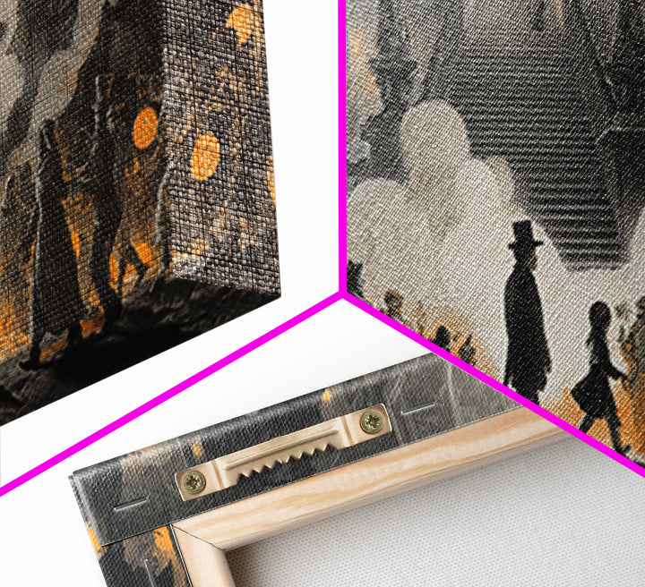 The Trick-Or-Treat Procession, Architectural Etching Art, Wide Panoramic Art, Macabre Wall Art, Framed Canvas Print