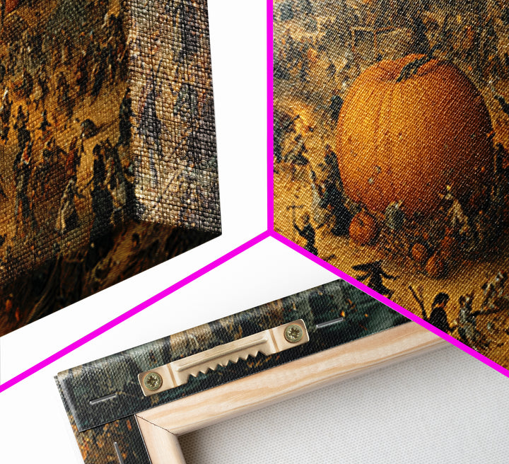 The Pumpkin-Carving Ritual, Northern Renaissance Horror, Wide Panoramic Art, Gothic Horror Wall Art, Framed Canvas Print