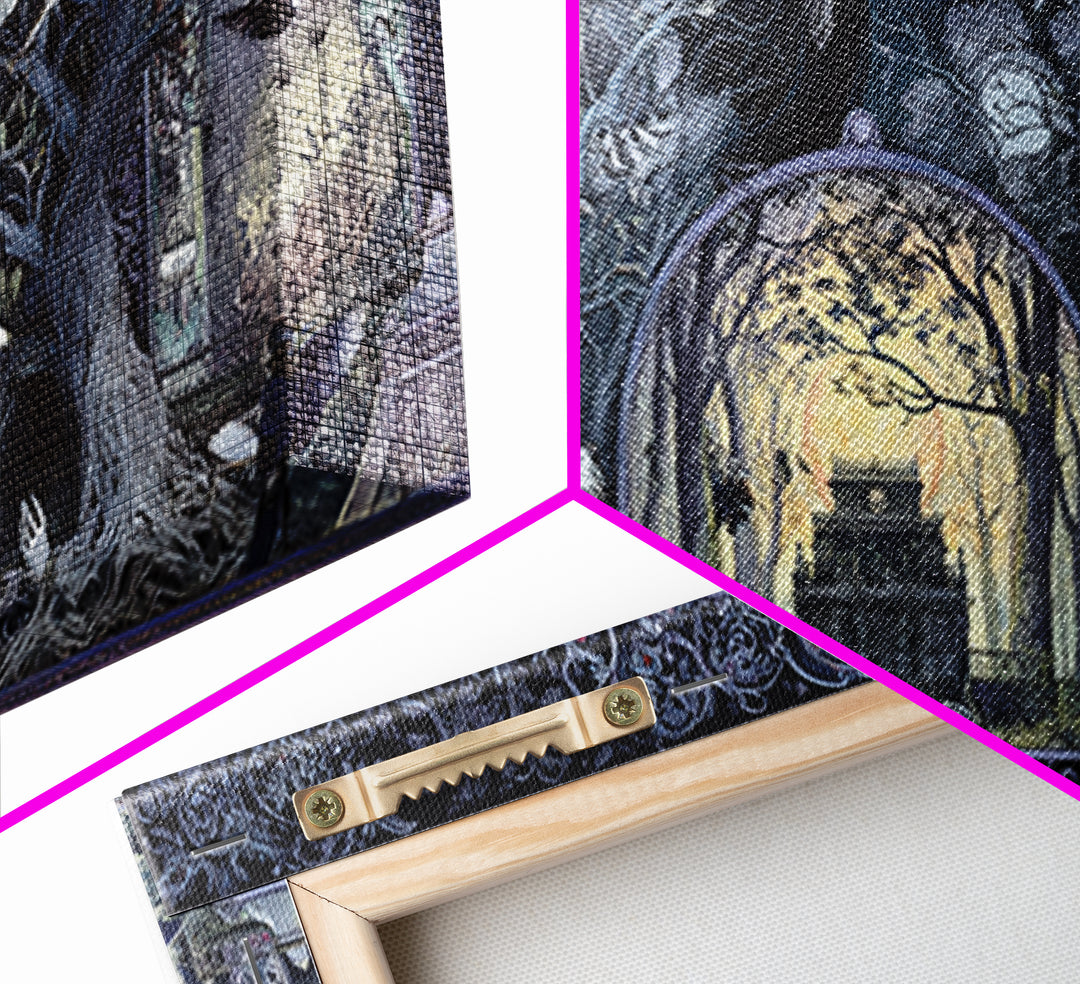 The Haunted Hayride, Stained Glass Gothic Art, Wide Panoramic Art, Gothic Horror Wall Art, Framed Canvas Print, Halloween Wall Art