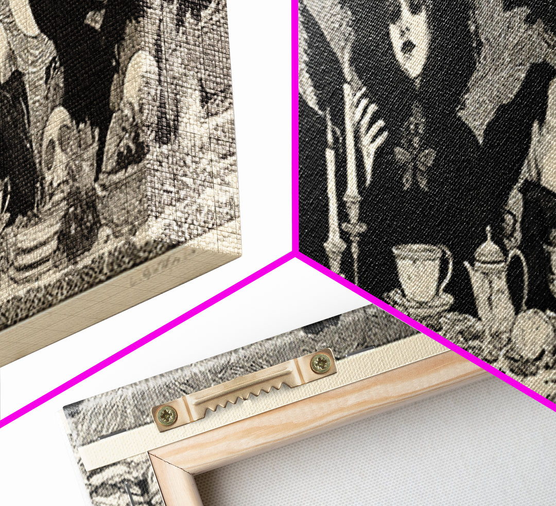 The Zombie Picnic, Decadent Line Art, Extra Wide Wall Art, Dark Halloween Decor, Framed Canvas Print, Halloween Wall Art
