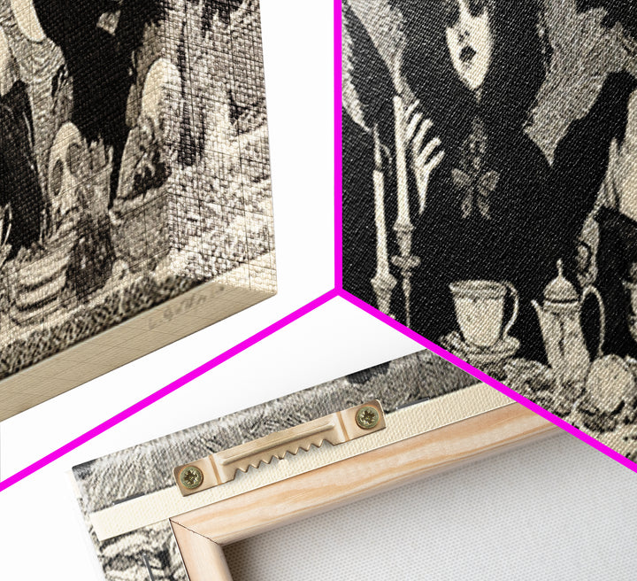 The Zombie Picnic, Decadent Line Art, Extra Wide Wall Art, Dark Halloween Decor, Framed Canvas Print, Halloween Wall Art