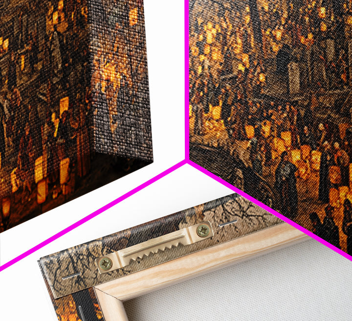 The Cemetery Lantern Festival, Northern Renaissance Horror, Wide Panoramic Art, Dark Halloween Decor, Framed Canvas Print