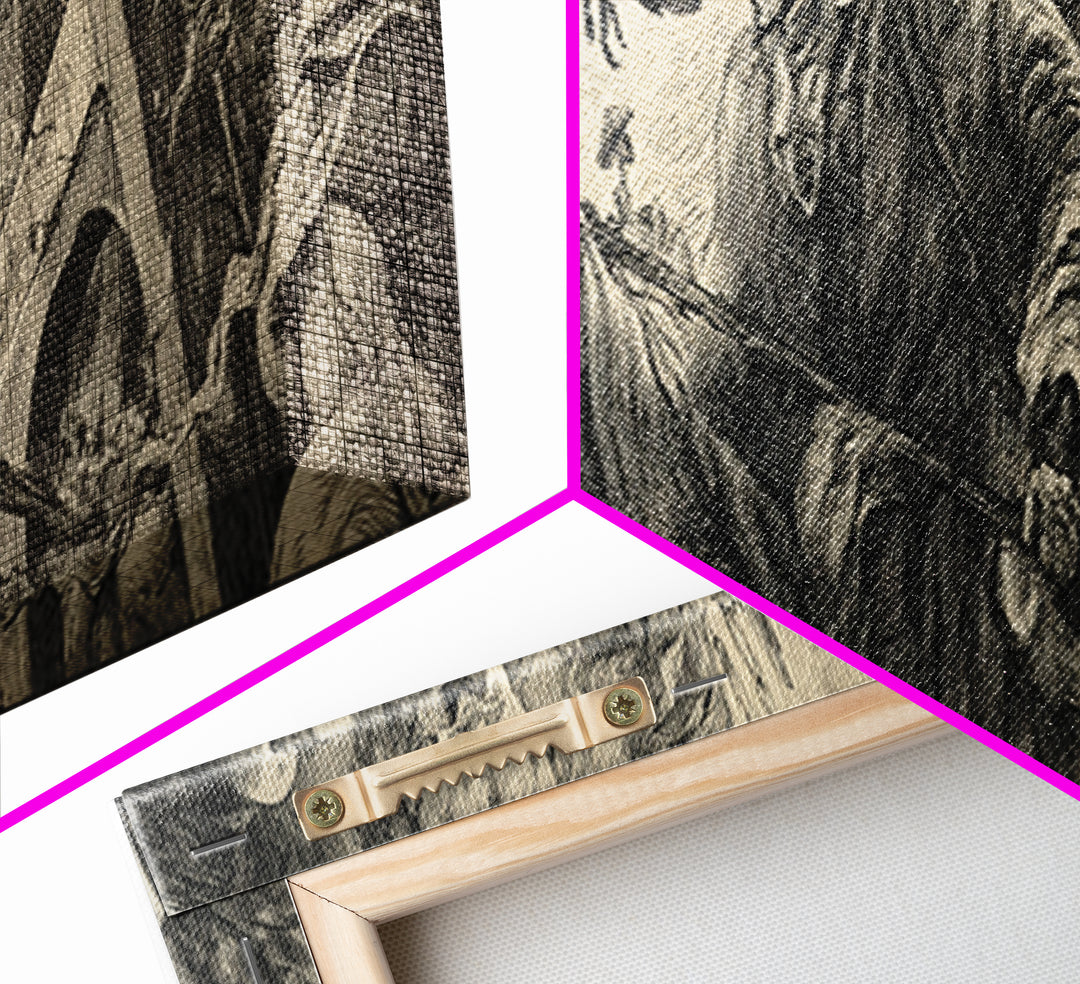 The Cemetery Lantern Festival, Renaissance Engraving Art, Extra Wide Wall Art, Macabre Wall Art, Canvas Print, Halloween Wall Art