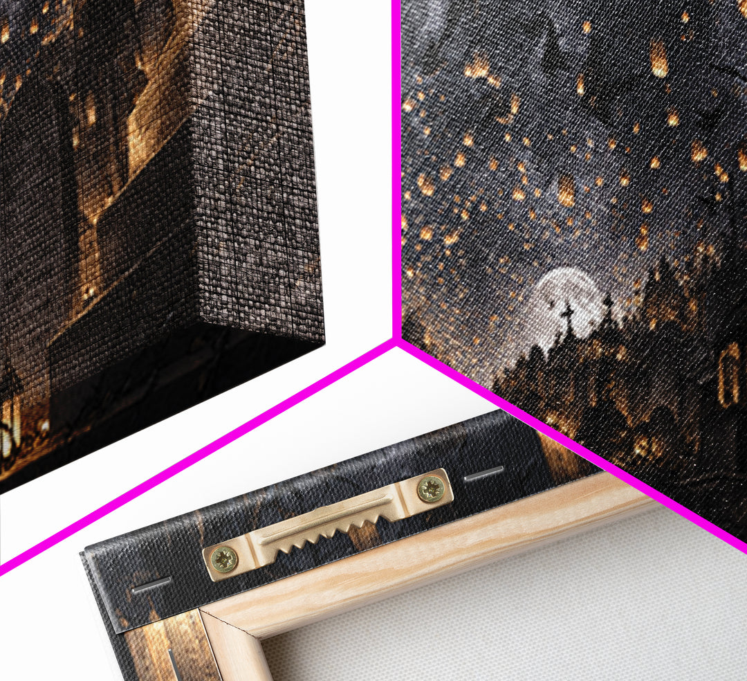The Cemetery Lantern Festival, Architectural Etching Art, Wide Panoramic Art, Gothic Horror Wall Art, Framed Canvas Print
