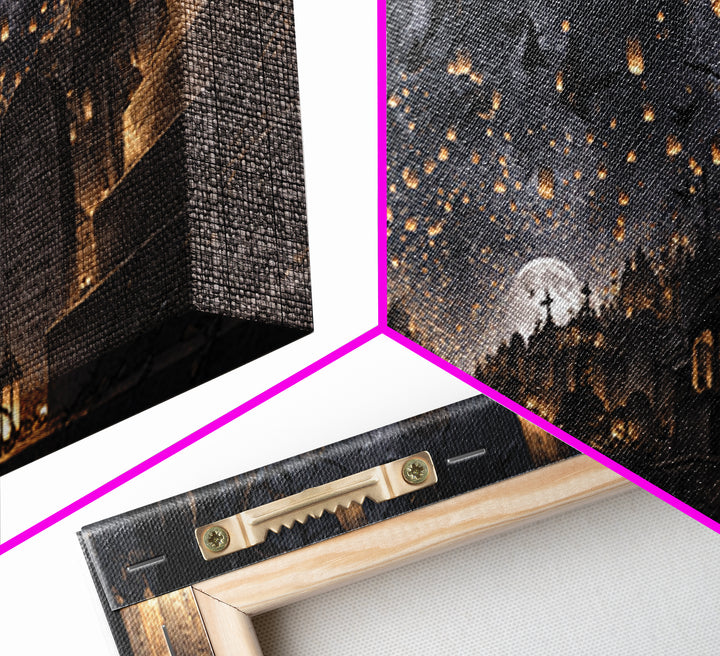 The Cemetery Lantern Festival, Architectural Etching Art, Wide Panoramic Art, Gothic Horror Wall Art, Framed Canvas Print