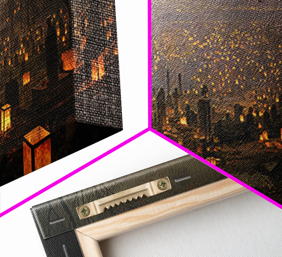 The Cemetery Lantern Festival, Romantic Gothic Landscape, Wide Panoramic Art, Dark Fantasy Wall Art, Framed Canvas Print