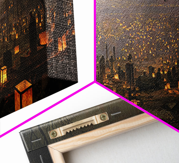 The Cemetery Lantern Festival, Romantic Gothic Landscape, Wide Panoramic Art, Dark Fantasy Wall Art, Framed Canvas Print