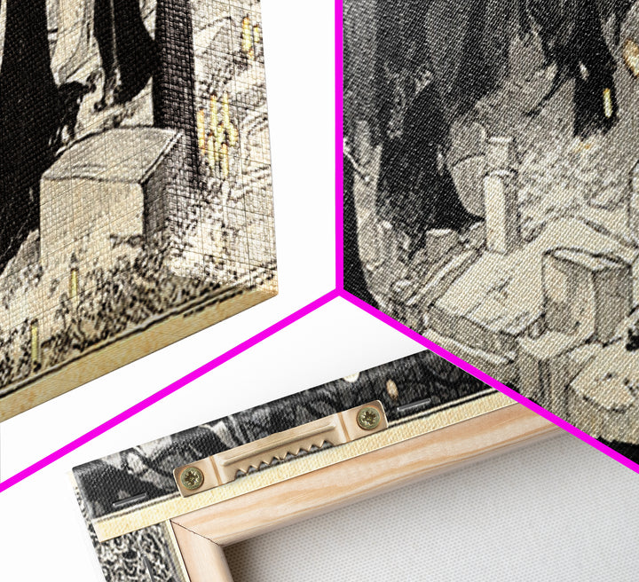 The Cemetery Lantern Festival, Decadent Line Art, Extra Wide Wall Art, Macabre Wall Art, Framed Canvas Print, Halloween Wall Art