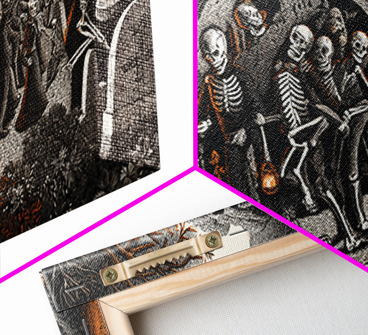The Cemetery Lantern Festival, Macabre Folk Print Art, Wide Panoramic Art, Dark Halloween Decor, Framed Canvas Print
