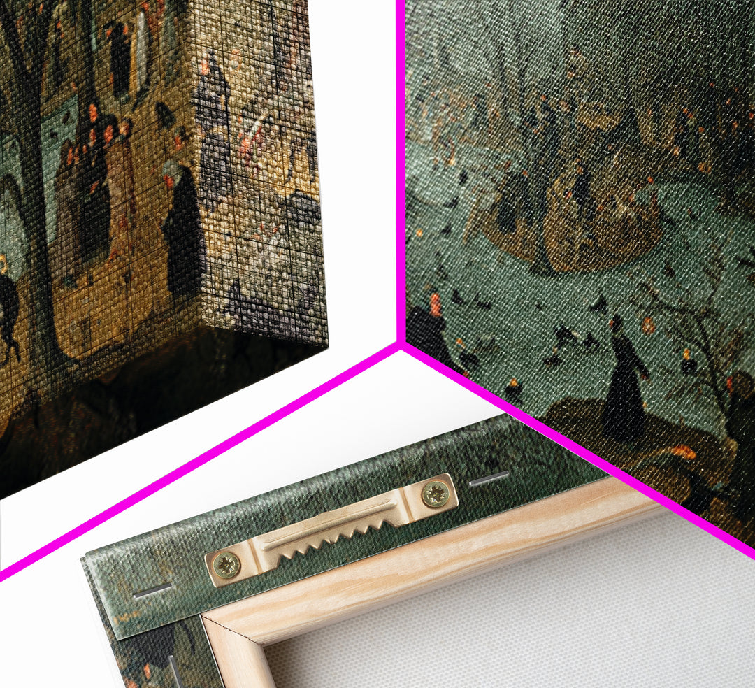 The Black Cat Gathering, Northern Renaissance Horror, Wide Panoramic Art, Gothic Horror Wall Art, Framed Canvas Print