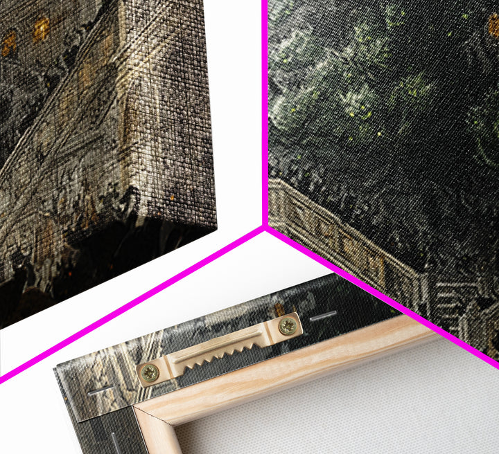 The Black Cat Gathering, Architectural Etching Art, Wide Panoramic Art, Macabre Wall Art, Canvas Print, Halloween Wall Art