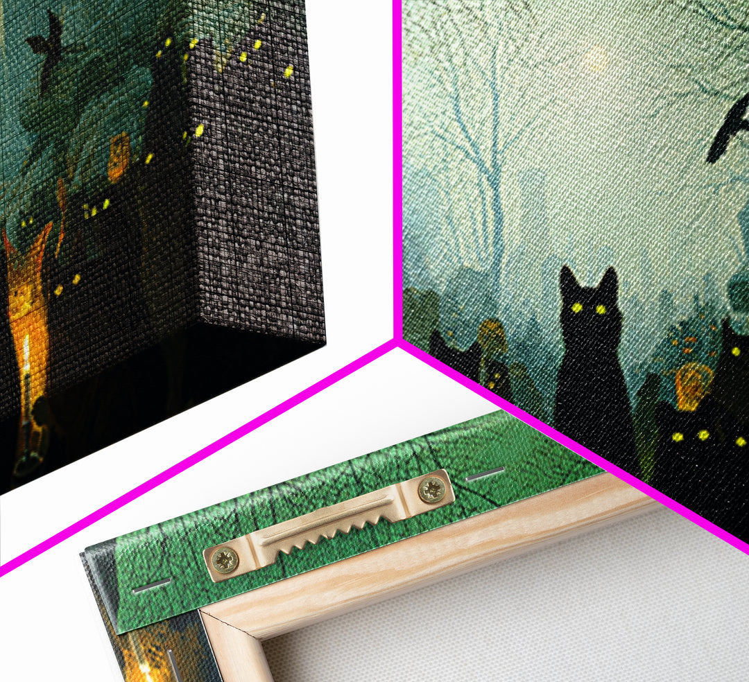 The Black Cat Gathering, Romantic Gothic Landscape, Wide Panoramic Art, Dark Fantasy Wall Art, Canvas Print, Halloween Wall Art