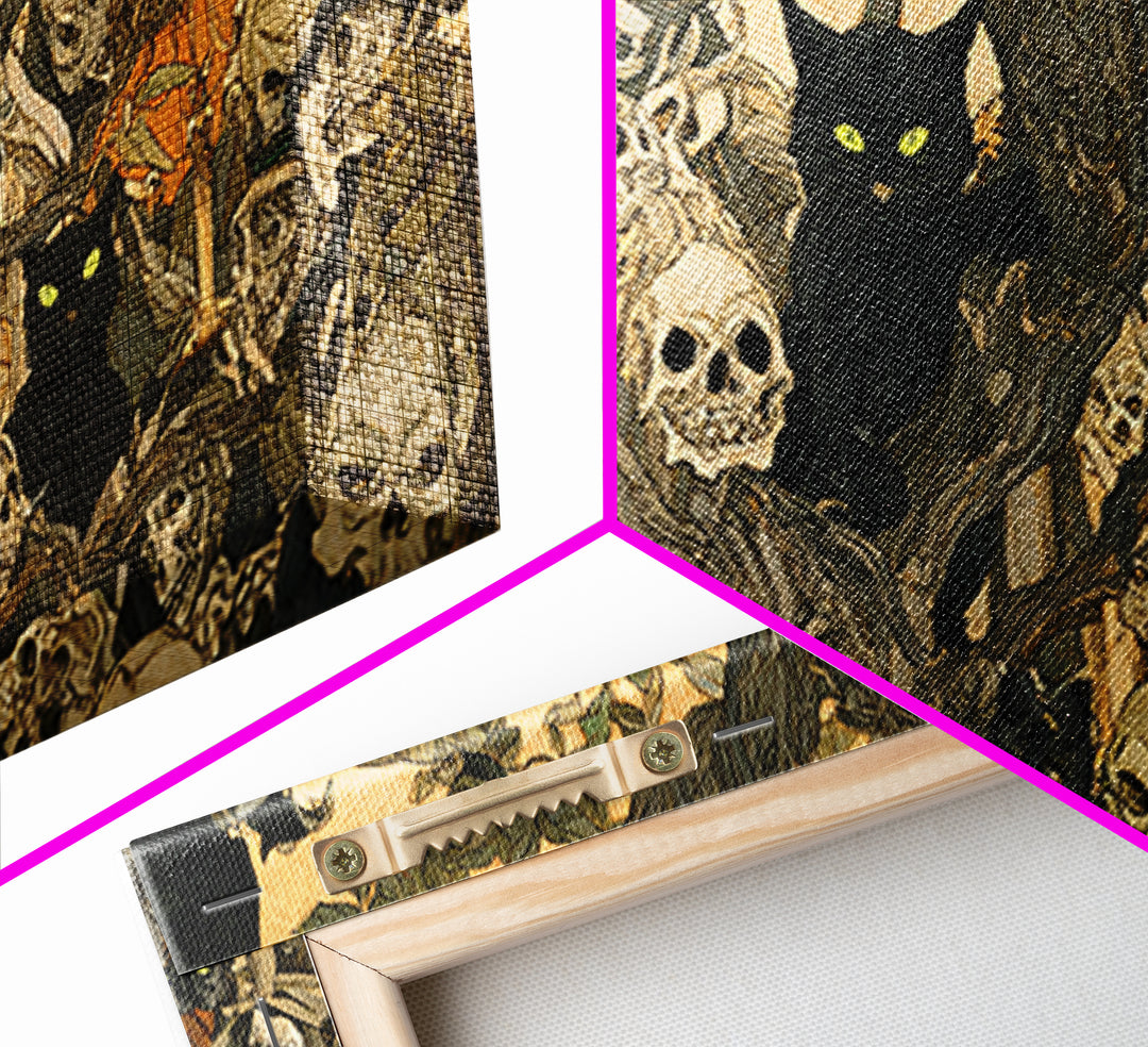 The Black Cat Gathering, Grotesque Carnival Art, Wide Panoramic Art, Dark Halloween Decor, Framed Canvas Print, Halloween Wall Art