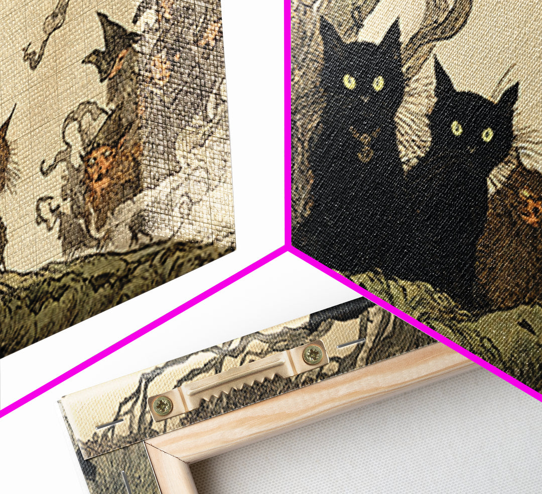 The Black Cat Gathering, Gothic Storybook Art, Wide Panoramic Art, Dark Halloween Decor, Framed Canvas Print, Halloween Wall Art
