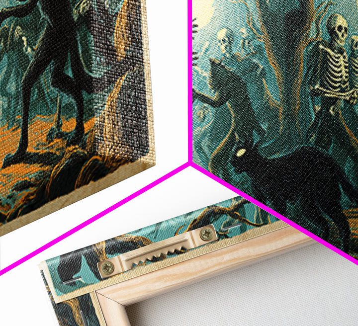 The Black Cat Gathering, Macabre Folk Print Art, Wide Panoramic Art, Macabre Wall Art, Framed Canvas Print, Halloween Wall Art