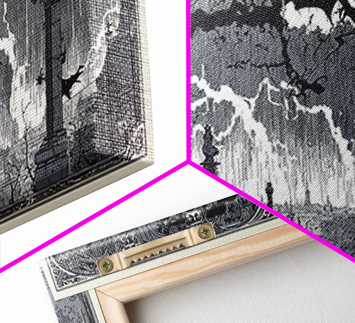 The Halloween Storm, Decadent Line Art, Wide Panoramic Art, Gothic Horror Wall Art, Framed Canvas Print, Halloween Wall Art
