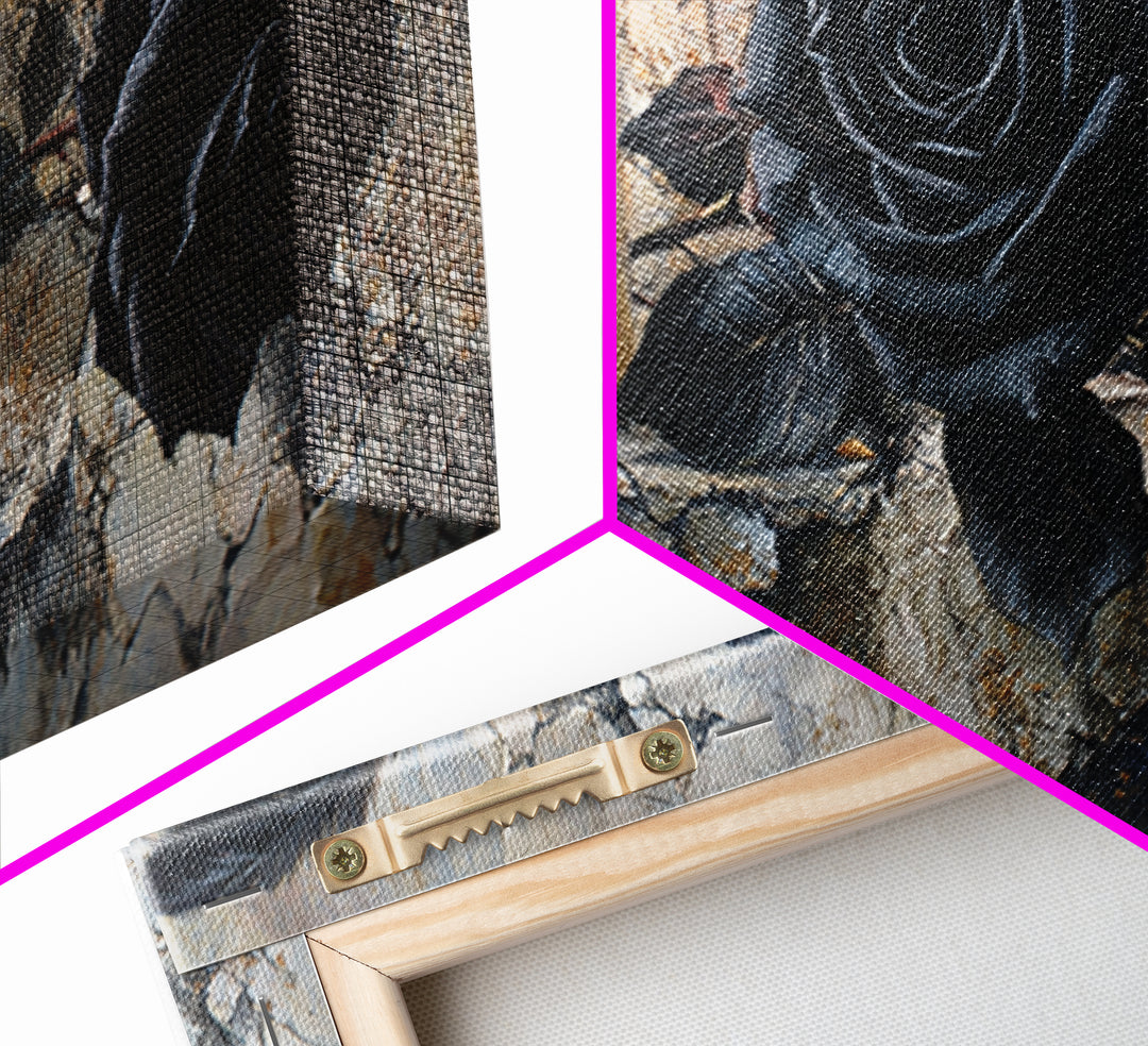 Black Roses Blooming from Cracked Stone Canvas Print, Dark Art, Textured Painting, Living Room Decor, Fine Art, Nocturne, DAR-2x1-22